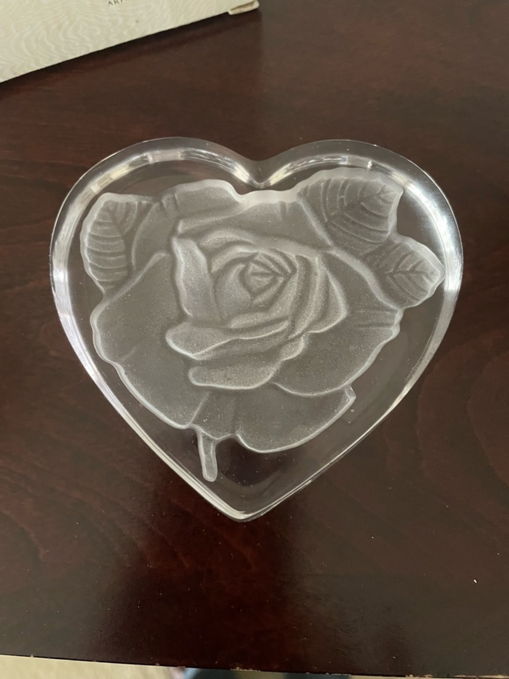 Glass heart paperweight with etched rose